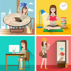 Reading life.Education in the media.Lifestyle woman.Illustration for idea of reader.Flat character design.Self-study.Hobby in holiday. The routine of students.Graphic design and vector EPS 10.