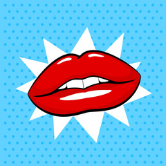 Red lips, pop art comics style, blue background.