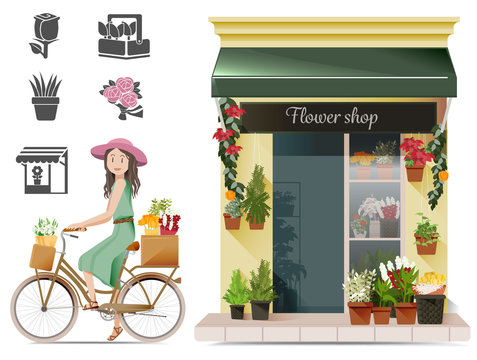 Lady shopping flowers by a bicycle.Reducing traffic by driving a bicycle.Conservatives urban concept.Exercise in routine.Basic icon for flower shop.Bike for lady shopping.Ladies love nature.EPS 10.