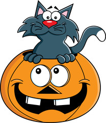 Cartoon illustration of a cat inside a pumpkin.