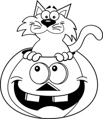 Black and white illustration of a cat inside a pumpkin.