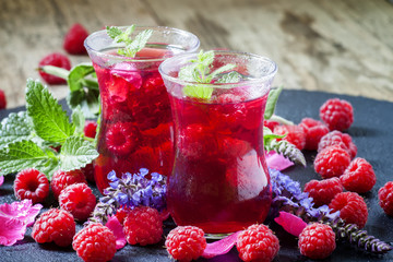 Herbal red tea with raspberries, mint, sage flowers and rose pet