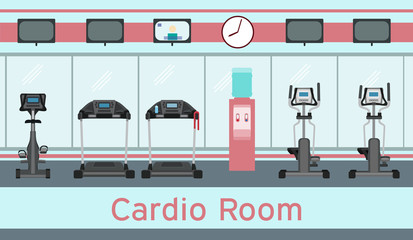 Treadmills, exercise bike, elliptical trainers, cardio equipment in gym interior. Cardio room.