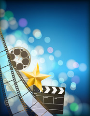 filmstrip background with clapper,reel,golden star and light eff