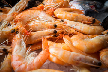 Fresh or cooked shrimps on ice