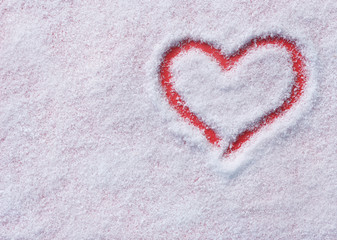 Snow background inside a red heart. Happy Valentines day. love concept