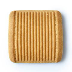 Single square Italian shortbread honey and milk biscuit with ridges, isolated on white from above.