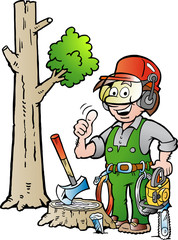 Vector Cartoon illustration of a Happy Working Lumberjack or Woodcutter giving Thumb Up