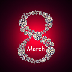Background to the International Women's Day with the number 8 of the crystals on a red background. Greeting card on March 8.