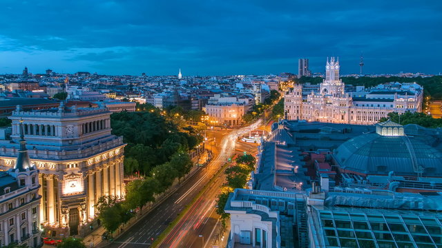 Madrid day to night timelapse, Beautiful Panorama Aerial View of Madrid Post Palacio comunicaciones, Plaza de Cibeles, Prueba, Banco de Espana, Calle de Alcala, Spain