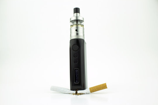 A box mod e-cigarette crushing a cigarette