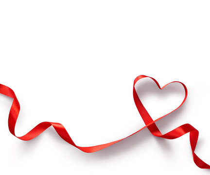 Happy Valentines Day. Red Ribbon Heart on white background. Valentines Day concept