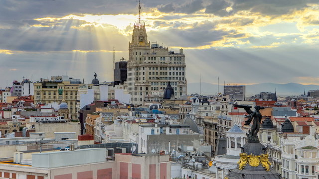 Telefonica Building is a Manhattan-style skyscraper at Gran Via timelapse, Madrid, Spain.  Telefonica Building is the tallest building in downtown Madrid built in 1920s.