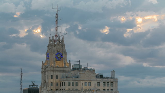 Telefonica Building is a Manhattan-style skyscraper at Gran Via timelapse, Madrid, Spain.  Telefonica Building is the tallest building in downtown Madrid built in 1920s.