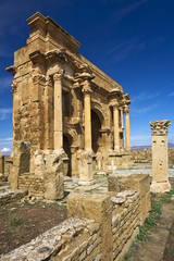 Algeria. Timgad (ancient Thamugadi or Thamugas). Triumphal arch, called Trajan's Arch (Corinthian order with three arches)