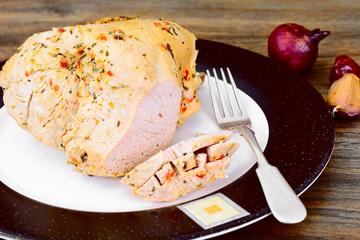 Piece Turkey in Spices for Grilling on Woody Background