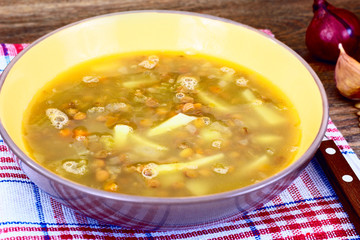 Healthy and Diet Food: Soup with Lentils and Sausage.