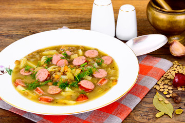 Healthy and Diet Food: Soup with Lentils and Sausage.