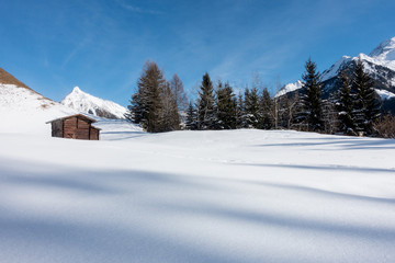 Fototapeta na wymiar Almhütte im Schnee der tiroler Alpen