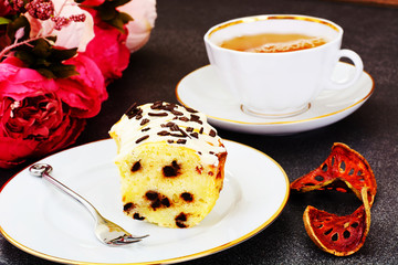 Easter Cake with White Icing, Tea and Chocolate