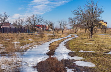 End of winter landscape in Ukrainian village Novoaleksandrivka near Dnepropetrovsk city