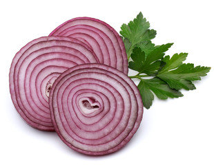 Sliced red onion rings isolated on white background cutout