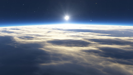 Earth sunrise with clouds, sun and stars