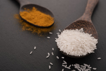 Spoons with ingredients for curry