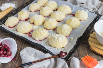 scones with cherries before baking, the ingredients, cherries, flour