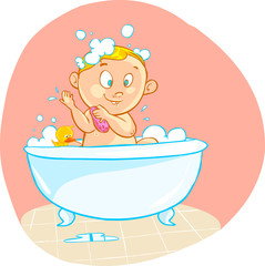 vector illustration of a Happy cartoon baby kid in bath tub