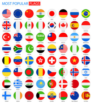 Flat Round Most Popular Flags - Vector Collection.Vector Set of National Flag Icons.