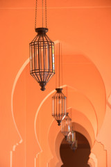 Fototapeta na wymiar Orange sandy arabic morrocco style corridor background
