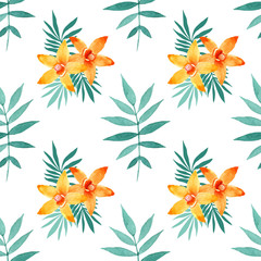 Watercolor seamless pattern of exotic flowers.
