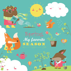 Set of cartoon characters and spring elements © Maria Starus