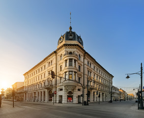 Fototapeta na wymiar Piotrkowska Street in Lodz, on the sunset.