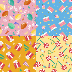 Happy Birthday Seamless Patterns Set with Cakes, Presents and Balloons