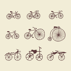 Set of doodle bicycles. Vector illustration. Ioslated objects clipart. Retro and modern bycicles. Vntage and contemporary bikes. Antique trolley.