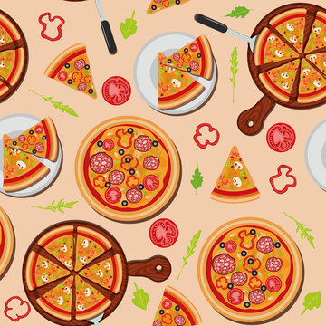 Pizza Seamless Pattern with Ingredients