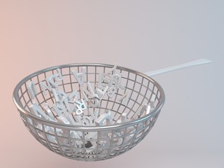 Obraz premium 3d letters falling inside a metal filter in a white stage.