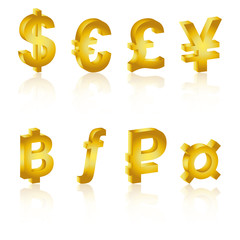 Golden 3D currency symbols, currency icon. Vector illustration