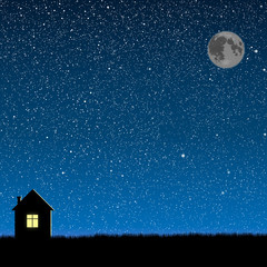 Vector silhouette of the house on the star sky.