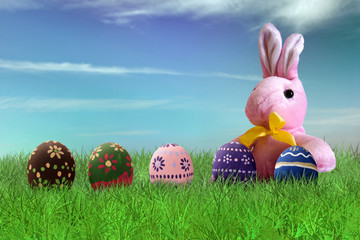 Painted Easter eggs and pink bunny