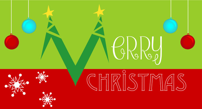 Merry Christmas lettering on green background, vector illustrati
