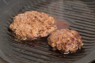 Fresh meat cutlets in a frying pan grill