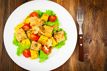 Pumpkin Salad, Suluguni Fried in Sesame, Pumpkin Seeds, Cherry T