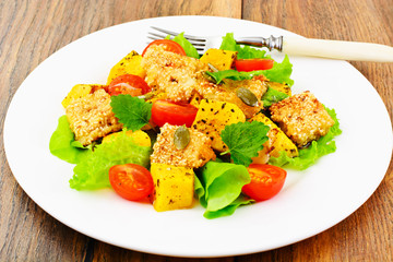 Pumpkin Salad, Suluguni Fried in Sesame, Pumpkin Seeds, Cherry T
