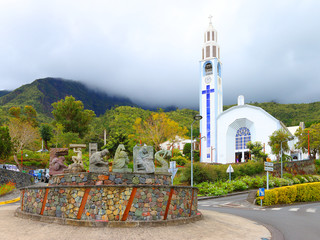 Catholic church in center of Cilaos. Town on the French island of Réunion in the Indian Ocean. It is located centrally on the island, in a caldera of altitude 1214 m.