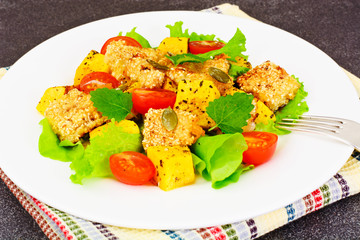 Pumpkin Salad, Suluguni Fried in Sesame, Pumpkin Seeds, Cherry T
