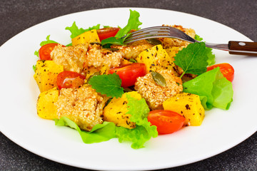 Pumpkin Salad, Suluguni Fried in Sesame, Pumpkin Seeds, Cherry T