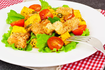 Pumpkin Salad, Suluguni Fried in Sesame, Pumpkin Seeds, Cherry T